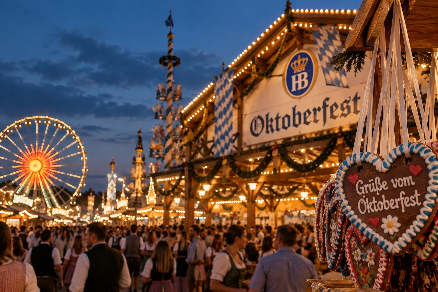 Tendone Hofbräu illuminato al tramonto sulla Theresienwiese, tra ruota panoramica e cuori di pan di zenzero, durante l'Oktoberfest 2026