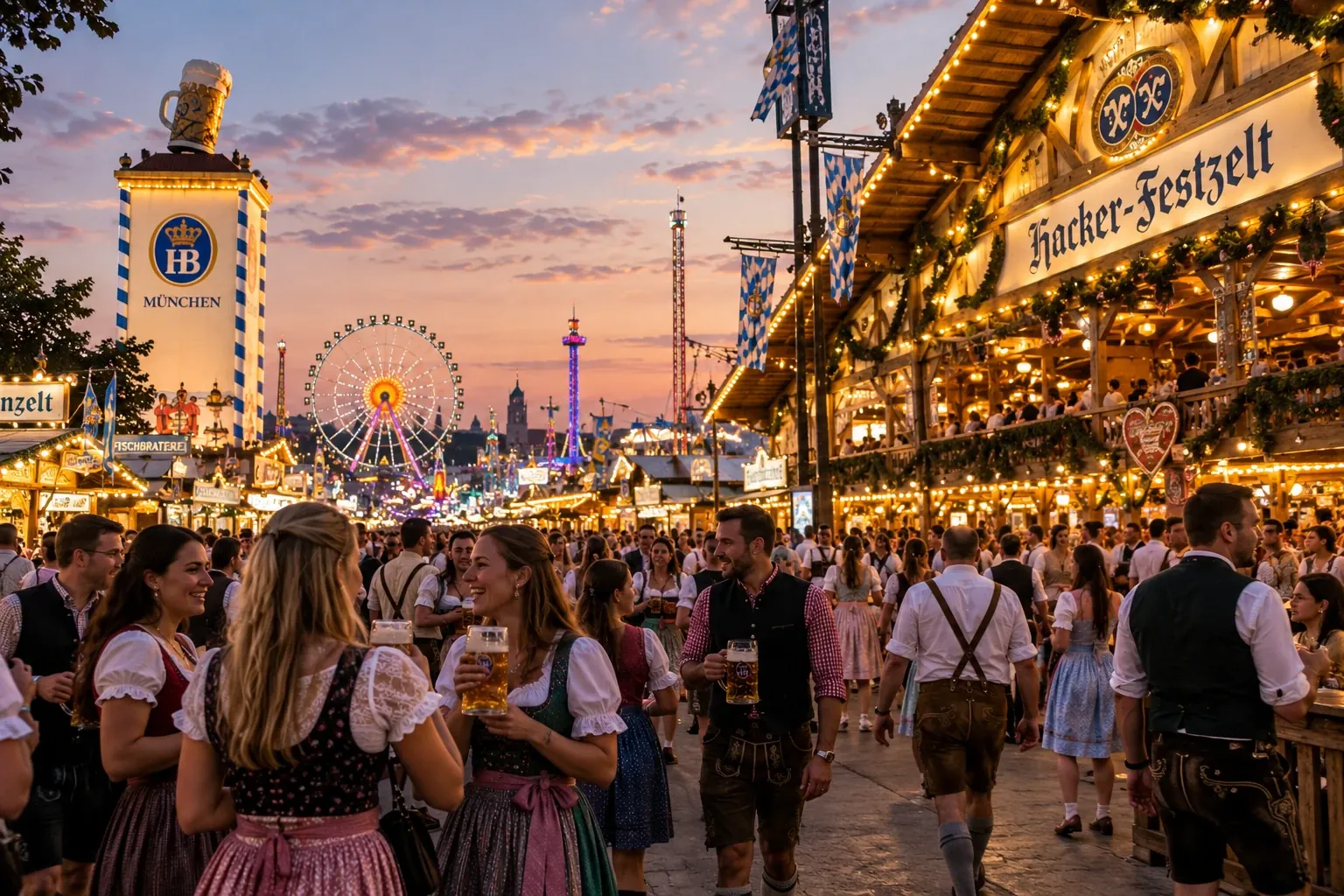 Viali della Theresienwiese affollati al tramonto durante l'Oktoberfest 2026, l'edizione del record di 7,4 milioni di visitatori