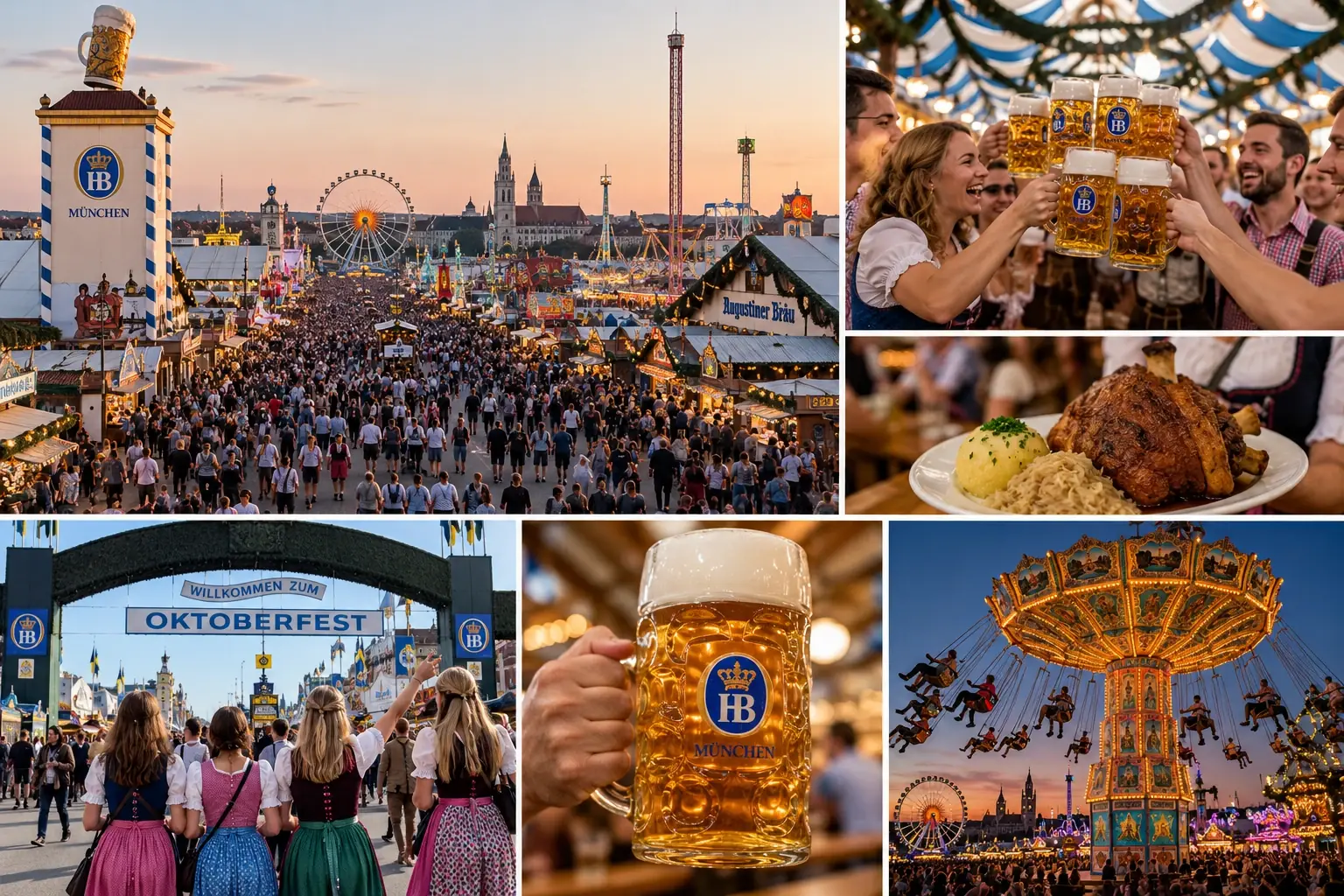 Folla, brindisi con i boccali, Hendl e stinco di maiale, costumi tradizionali e giostre durante l'Oktoberfest 2026 del record di visitatori
